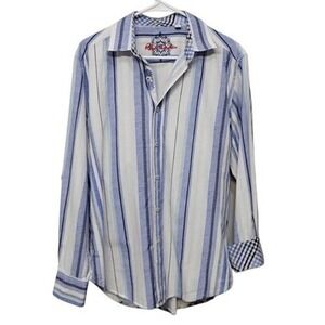 Robert Graham Shirt‎ Mens Medium Blue White Stripe Flip Cuff Cotton Embroidered